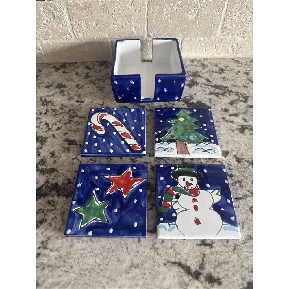 Ceramic Christmas Coasters With Holder